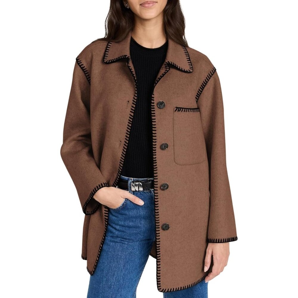 ✨ Women's Brown Winter Trendy Warm Mid Length Wool Pea Coat Casual Lapel Jackets